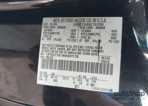 1998 Ford F-150 Lariat/Standard/Xl/Xlt z USA, uszkodzony, nr VIN 1FTZF1761WKB09120